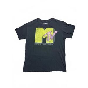Black MTV Music Television Yellow Pink Logo Top Size Medium (flawed)